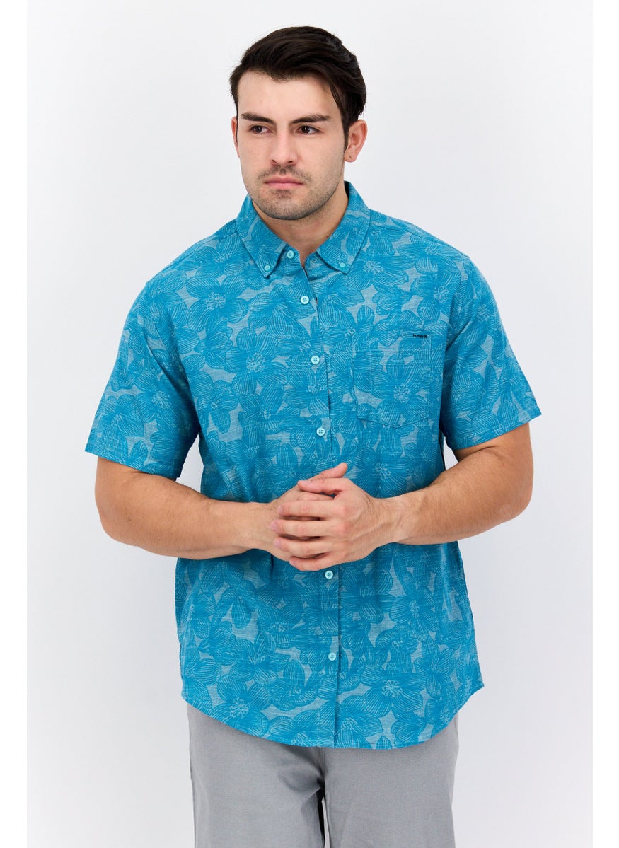 Men Regular Fit Short Sleeve Floral Casual Shirt, Teal Green