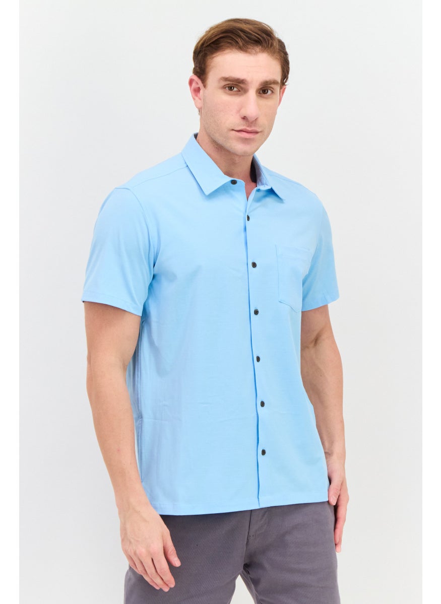 Men Regular Fit Solid Short Sleeves Casual Shirt, Light Blue