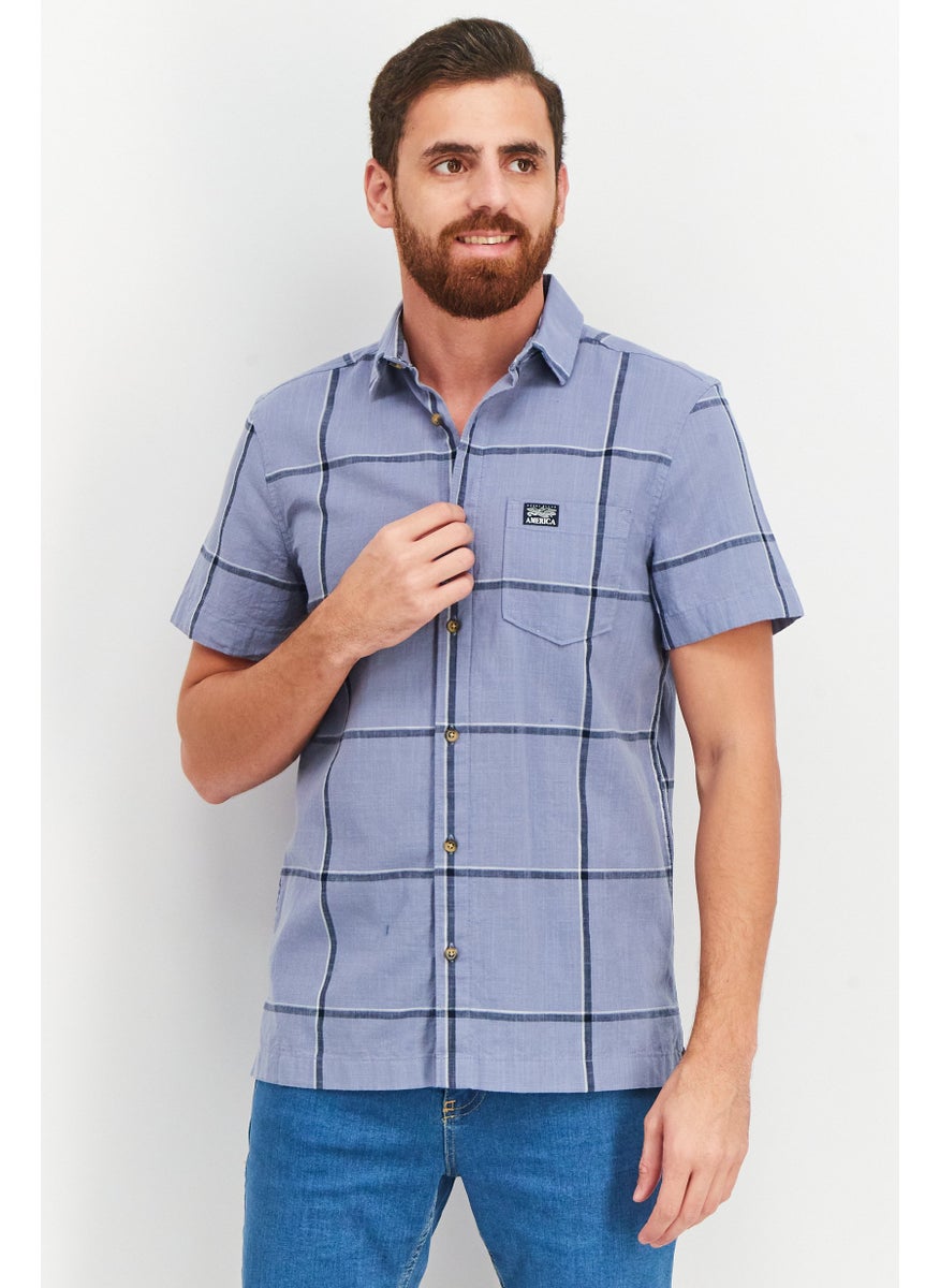 Men Regular Fit Short Sleeves Plaid Casual Shirt, Sage Blue