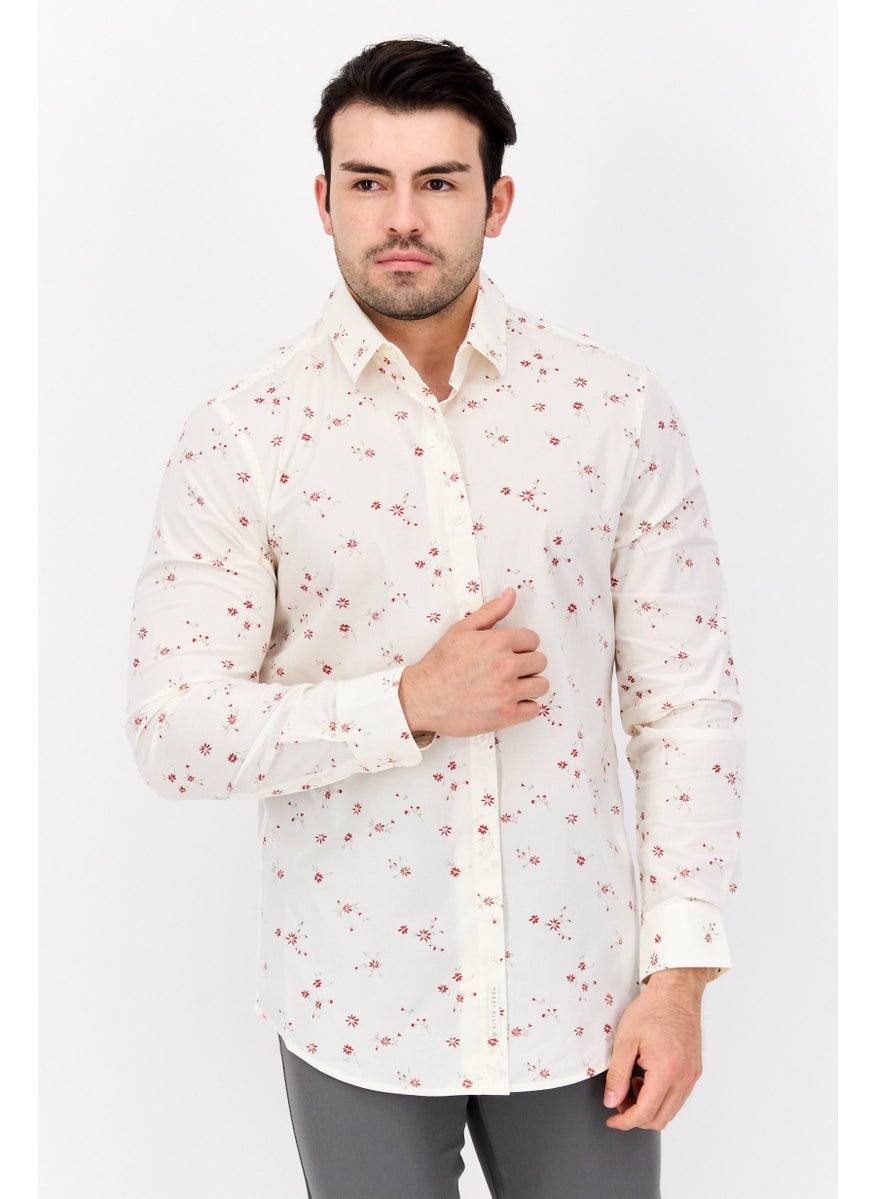 Men Stretch Fit Long Sleeves Floral Print Casual Shirt, Off White Combo