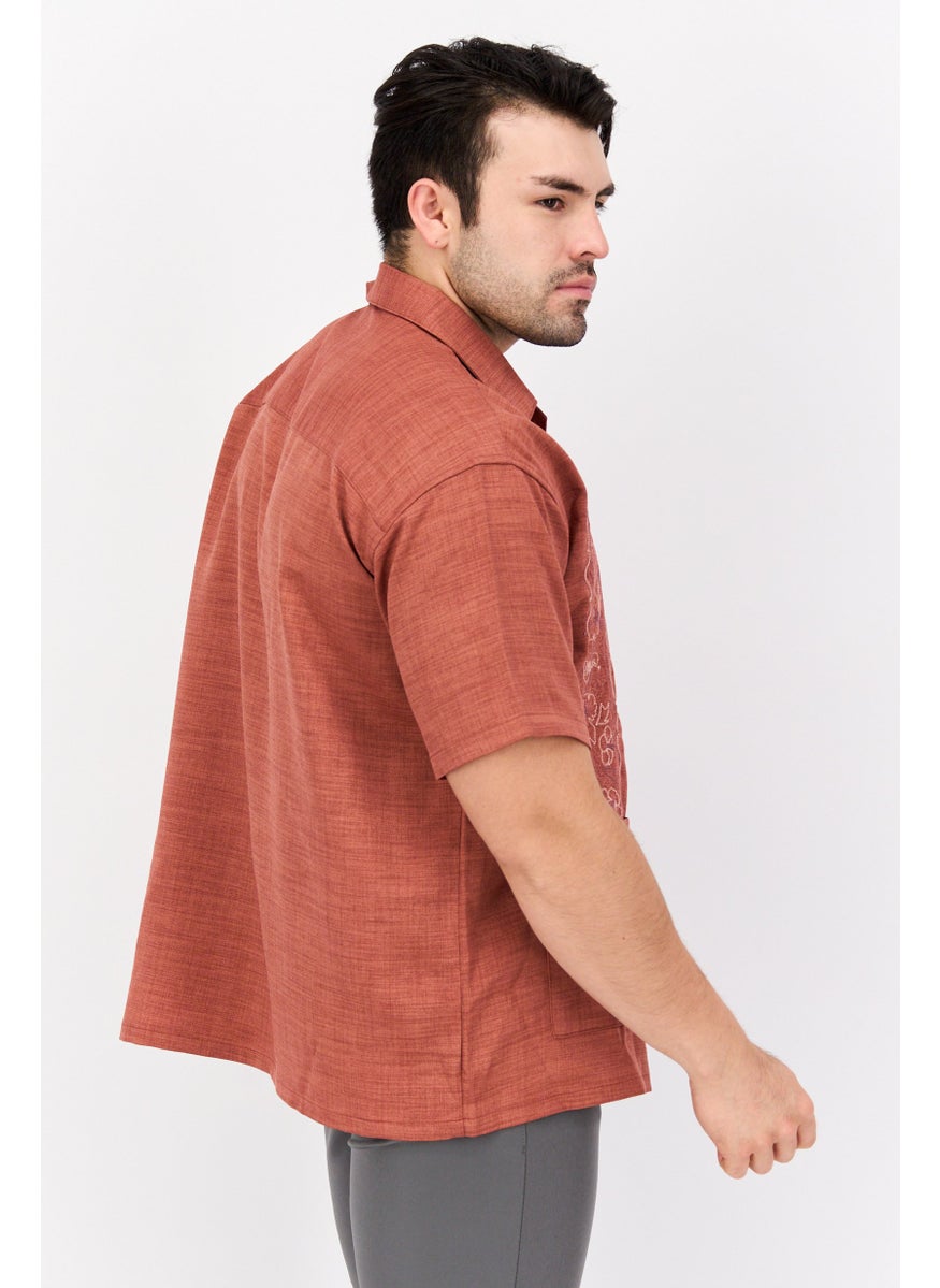 Men Regular Fit Embroidered Short Sleeves Casual Shirt, Brown