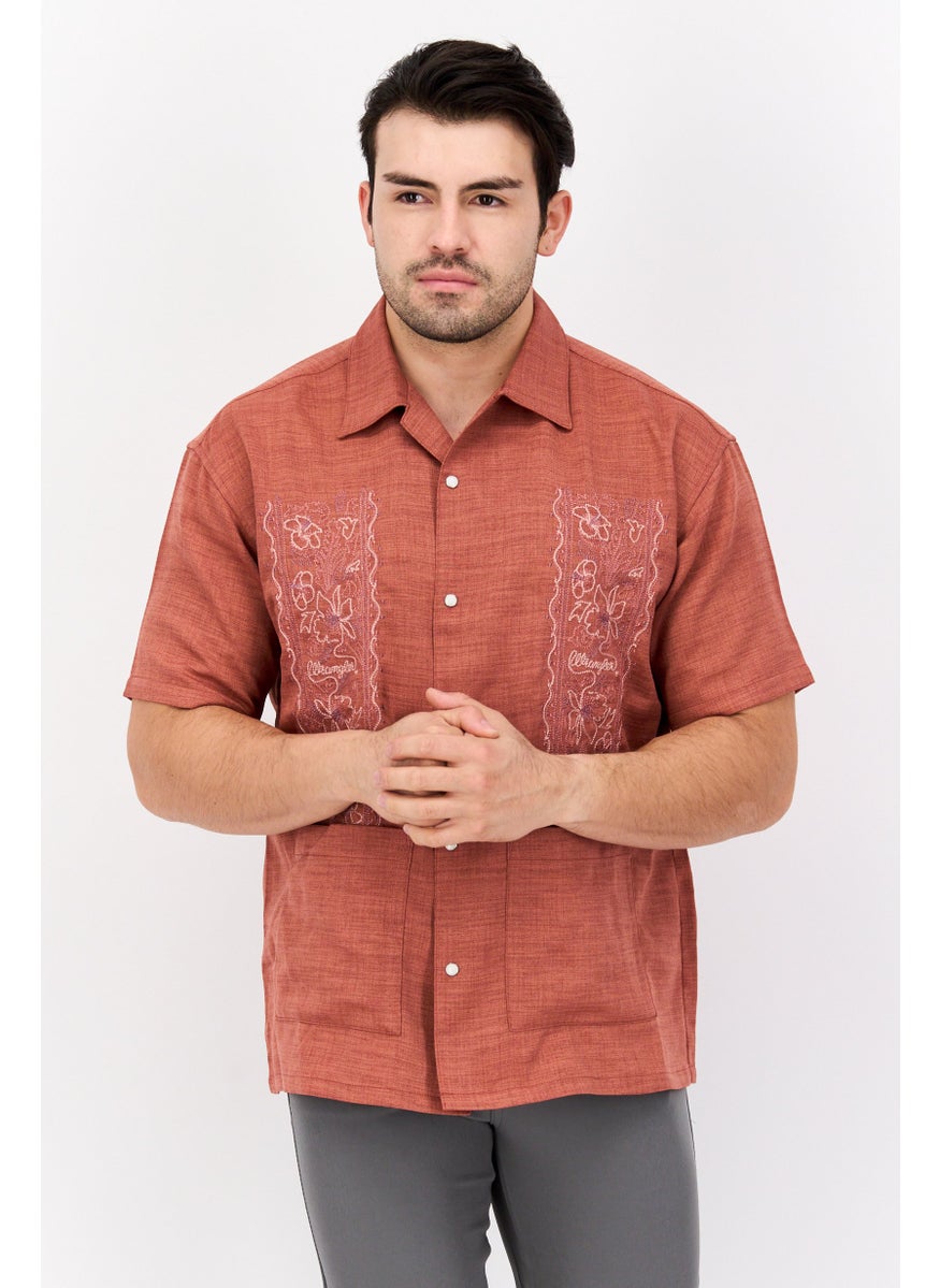 Men Regular Fit Embroidered Short Sleeves Casual Shirt, Brown