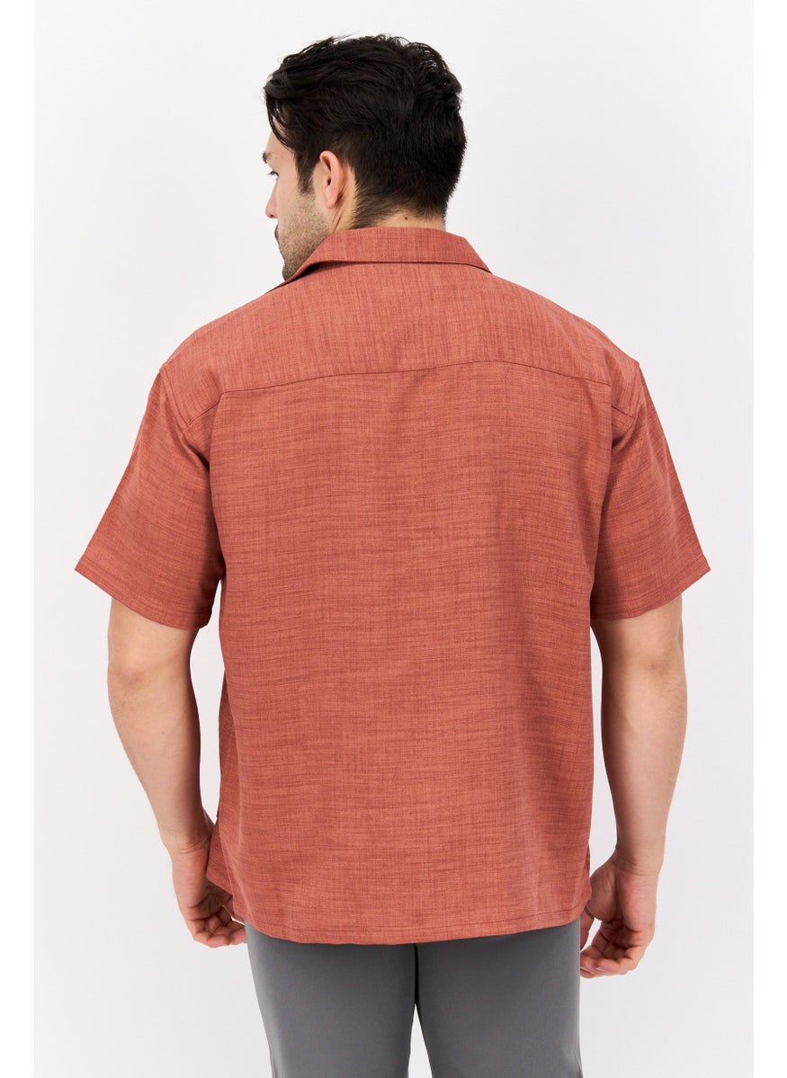 Men Regular Fit Embroidered Short Sleeves Casual Shirt, Brown