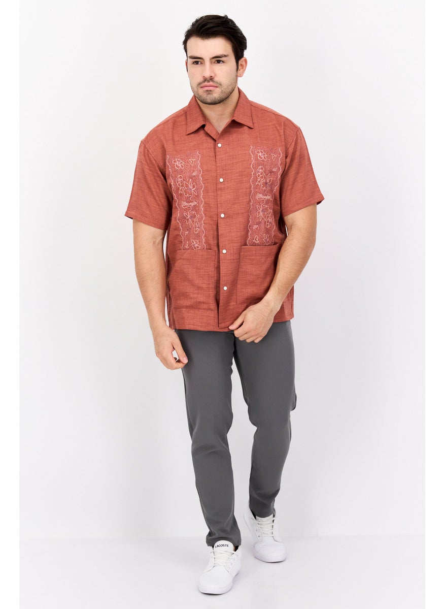 Men Regular Fit Embroidered Short Sleeves Casual Shirt, Brown
