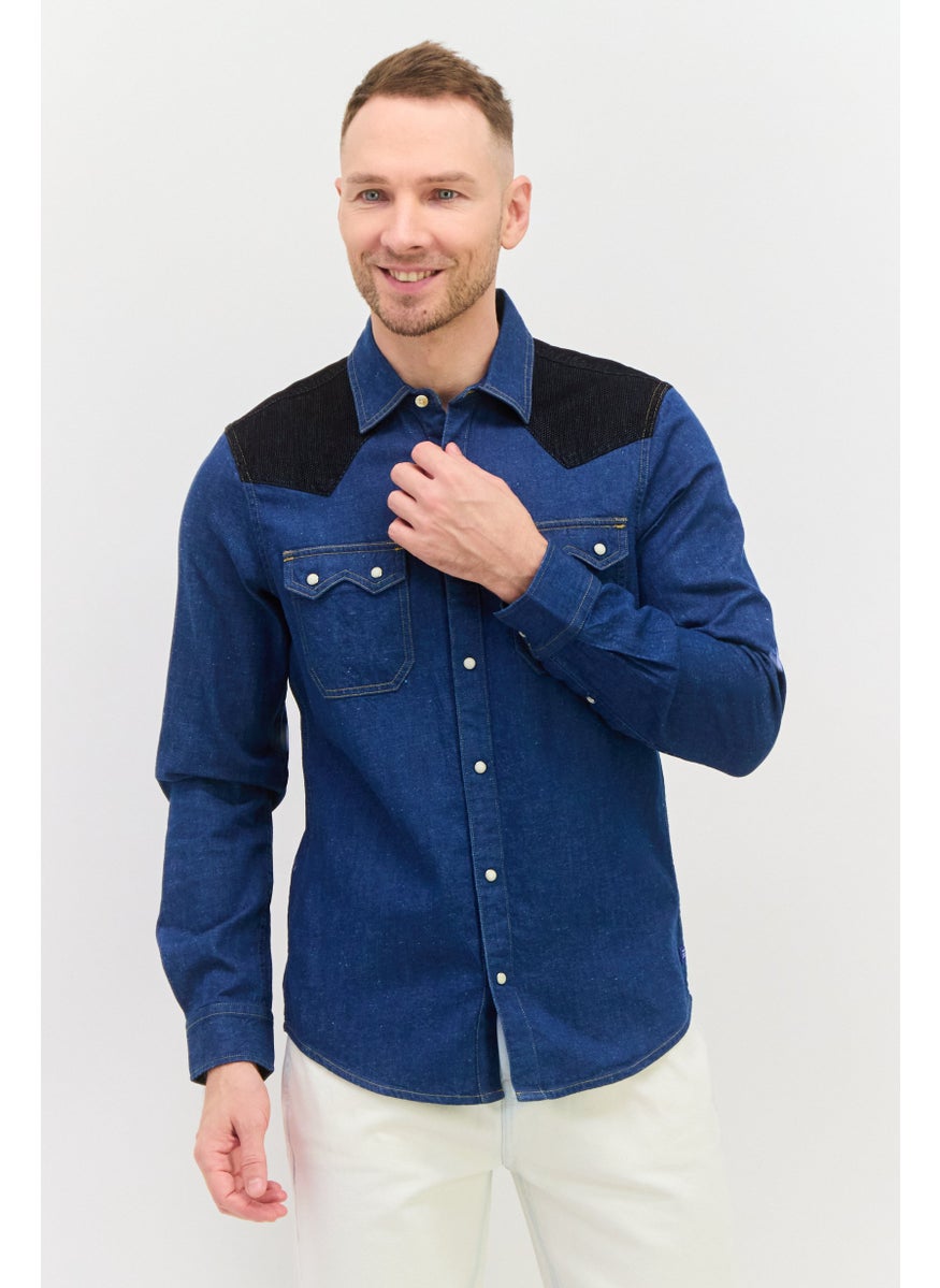 Men Relaxed Fit Colorblock Long Sleeves Denim Shirt, Blue