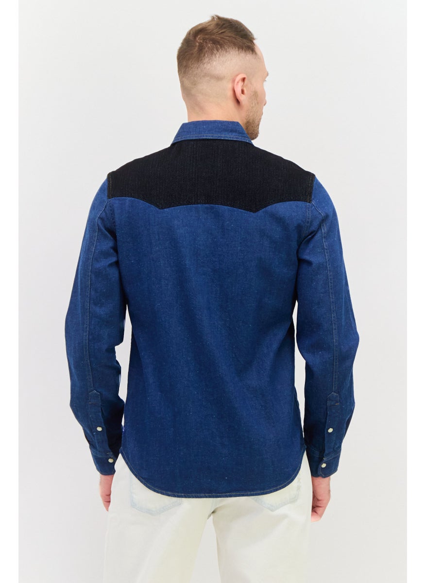 Men Relaxed Fit Colorblock Long Sleeves Denim Shirt, Blue