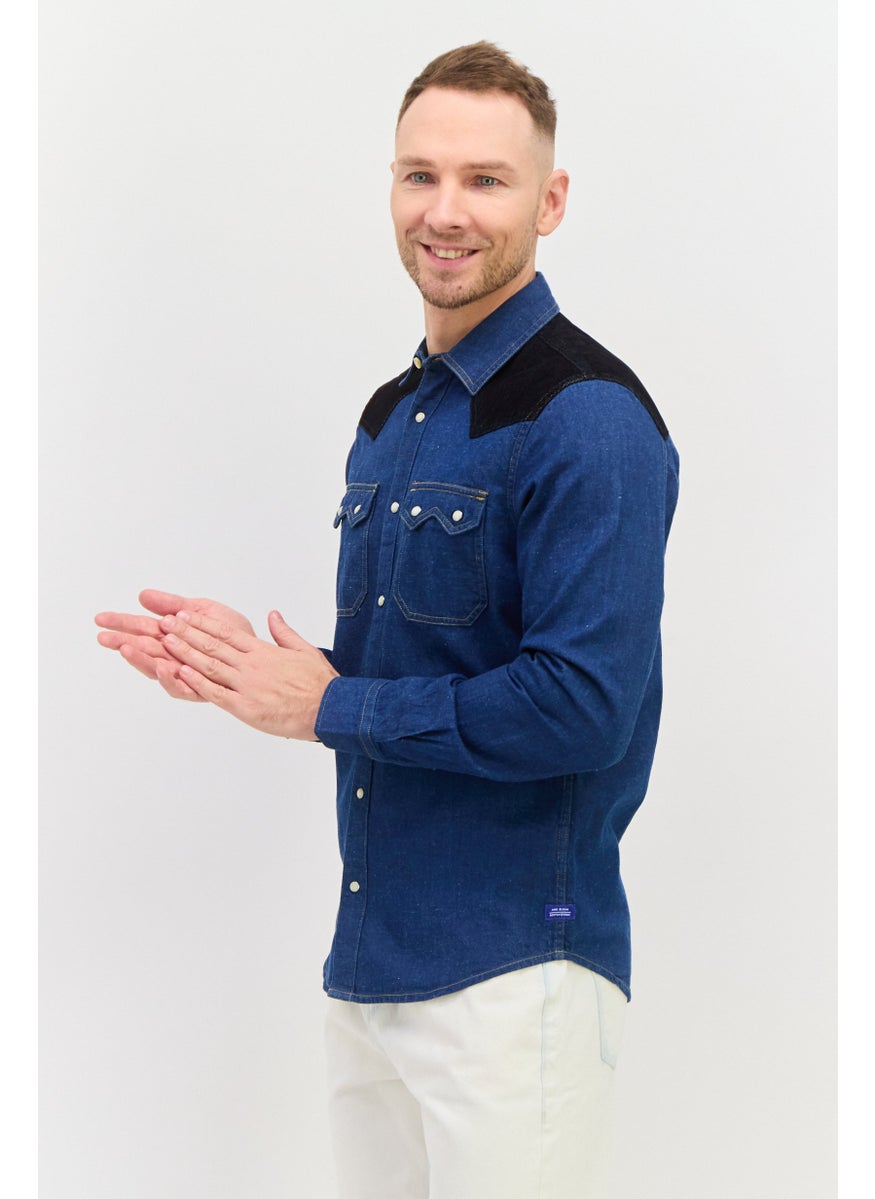 Men Relaxed Fit Colorblock Long Sleeves Denim Shirt, Blue