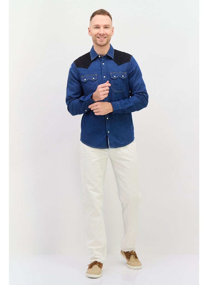 Men Relaxed Fit Colorblock Long Sleeves Denim Shirt, Blue