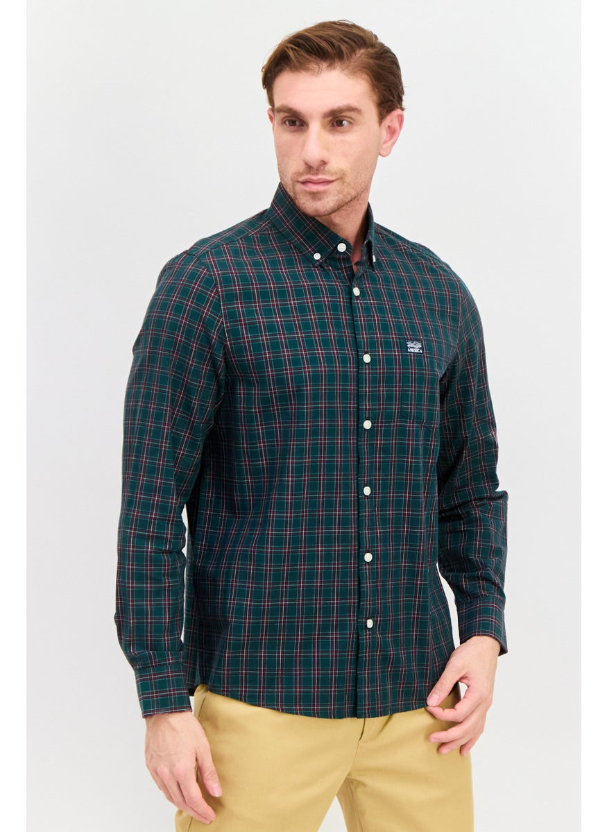 Men Regular Fit Long Sleeves Plaid Casual Shirt, Green Combo