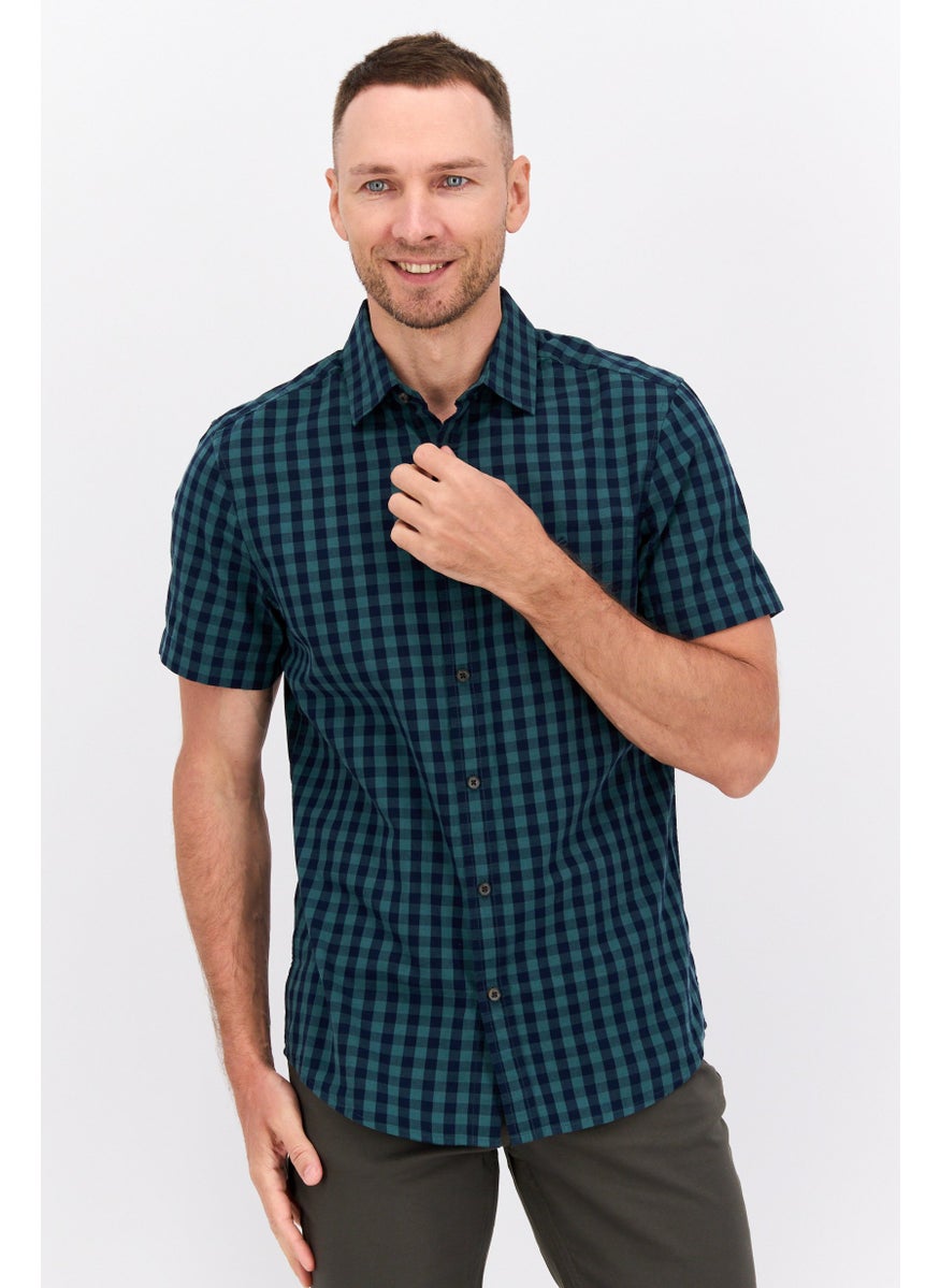 Men Regular Fit Short Sleeve Gingham Casual Shirt, Green