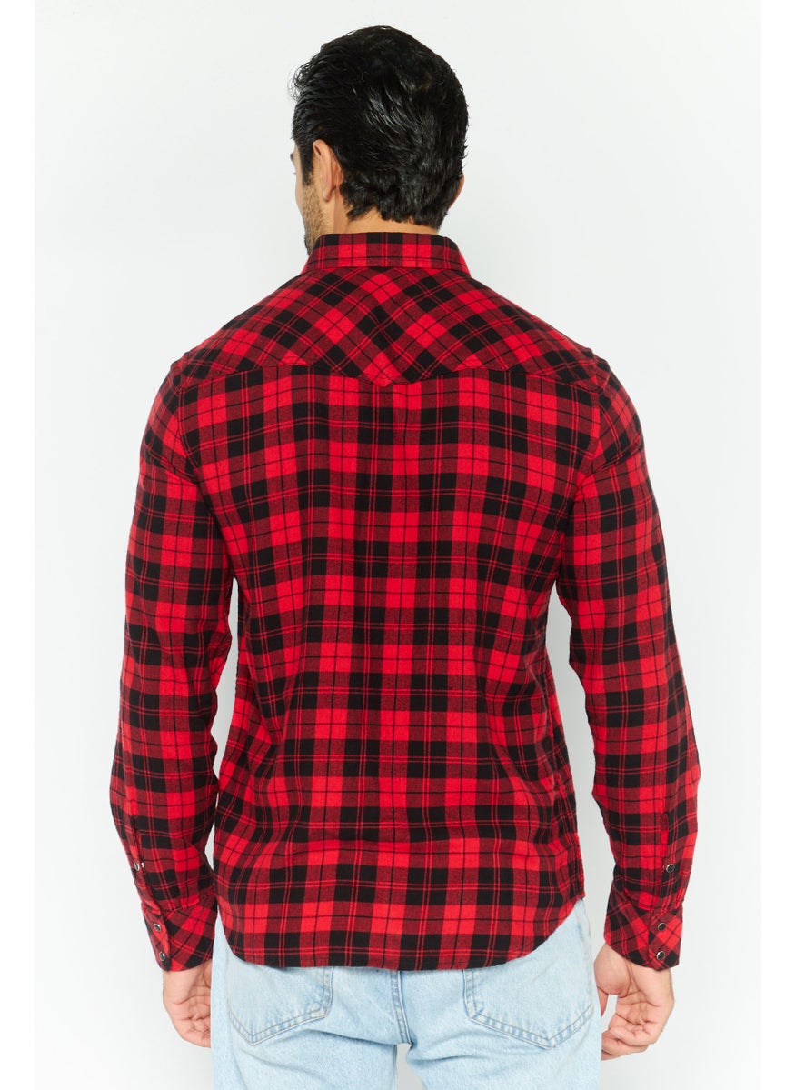 Men Regular Fit Checkered Long Sleeve Casual Shirt, Red