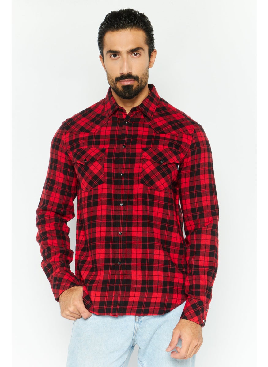 Men Regular Fit Checkered Long Sleeve Casual Shirt, Red