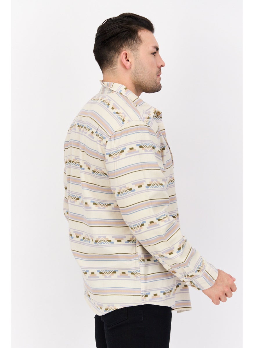 Men Regular Fit Long Sleeves Graphic Print Casual Shirt, Cream Combo