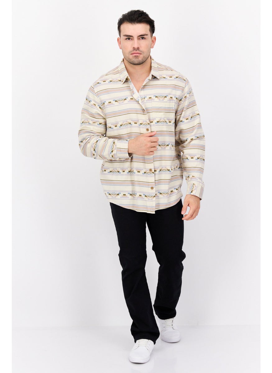 Men Regular Fit Long Sleeves Graphic Print Casual Shirt, Cream Combo