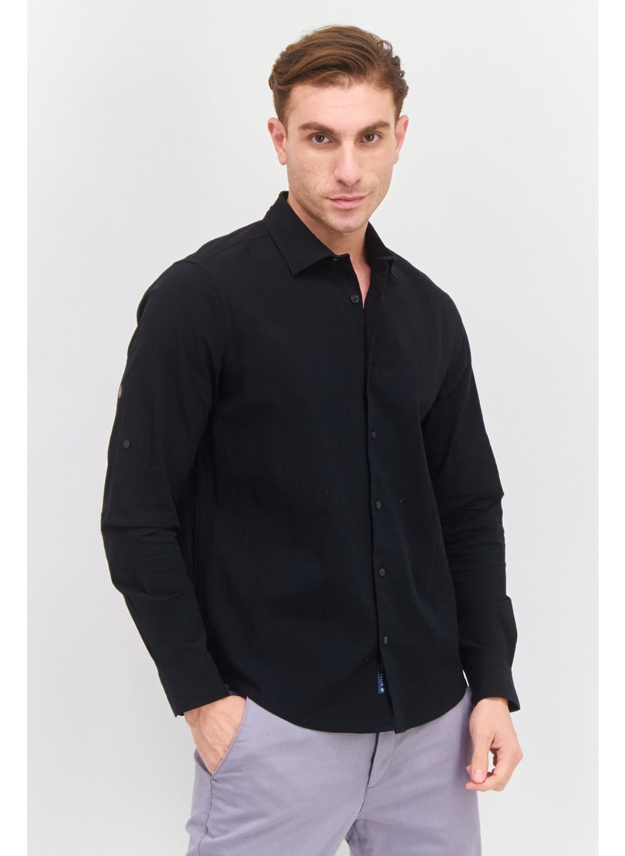 Men Stretch Fit Long Sleeve Plain Casual Shirt, Black