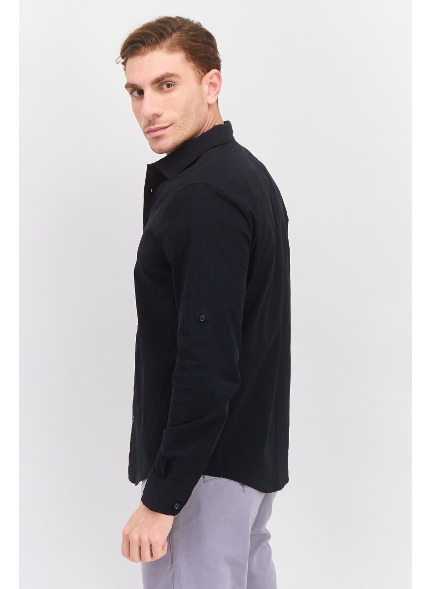 Men Stretch Fit Long Sleeve Plain Casual Shirt, Black