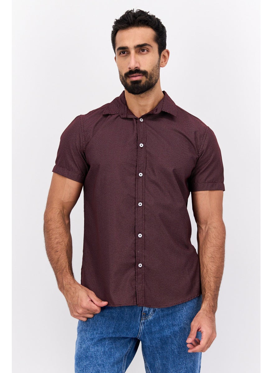 Men Regular Fit Polka Dots Short Sleeves Casual Shirt, Dark Maroon