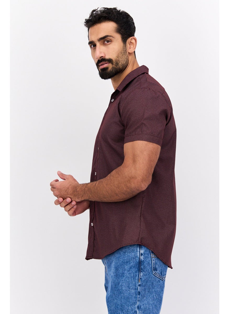 Men Regular Fit Polka Dots Short Sleeves Casual Shirt, Dark Maroon