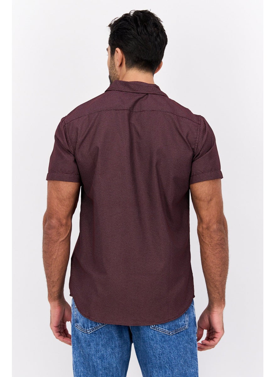 Men Regular Fit Polka Dots Short Sleeves Casual Shirt, Dark Maroon
