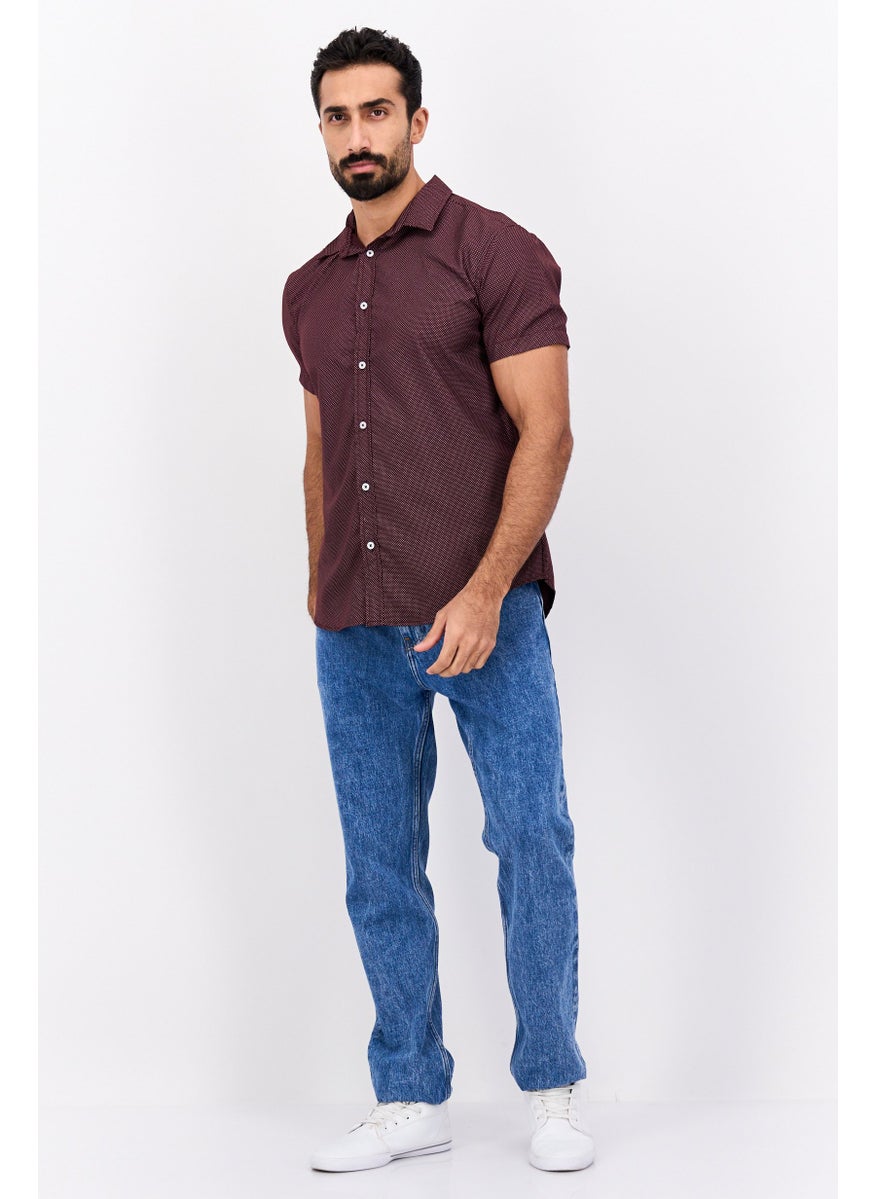 Men Regular Fit Polka Dots Short Sleeves Casual Shirt, Dark Maroon