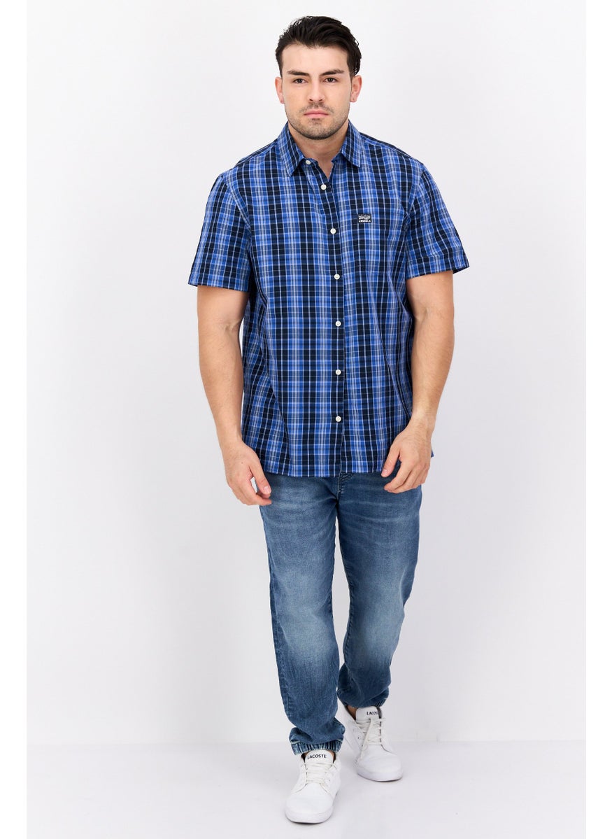 Men Regular Fit Plaid Short Sleeve Casual Shirt, Blue