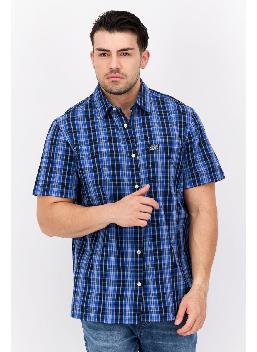 Men Regular Fit Plaid Short Sleeve Casual Shirt, Blue