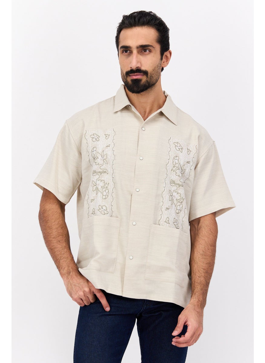 Men Regular Fit Embroidered Short Sleeves Casual Shirt, Grey
