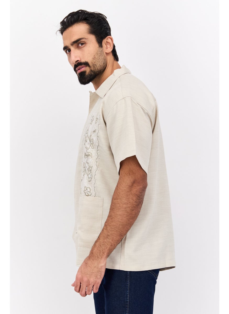 Men Regular Fit Embroidered Short Sleeves Casual Shirt, Grey