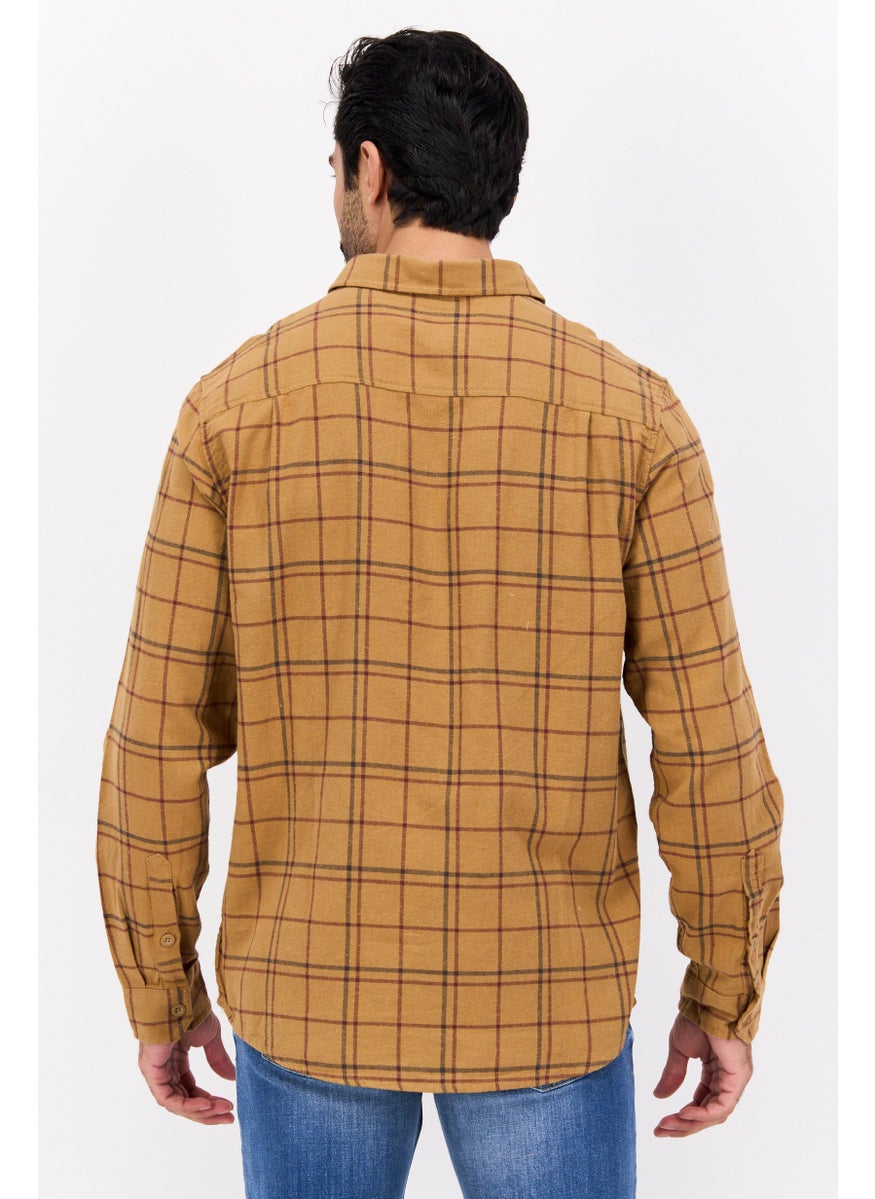 Men Regular Fit Long Sleeves Plaid Casual Shirt, Dark Tan