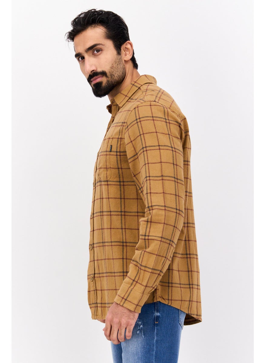 Men Regular Fit Long Sleeves Plaid Casual Shirt, Dark Tan