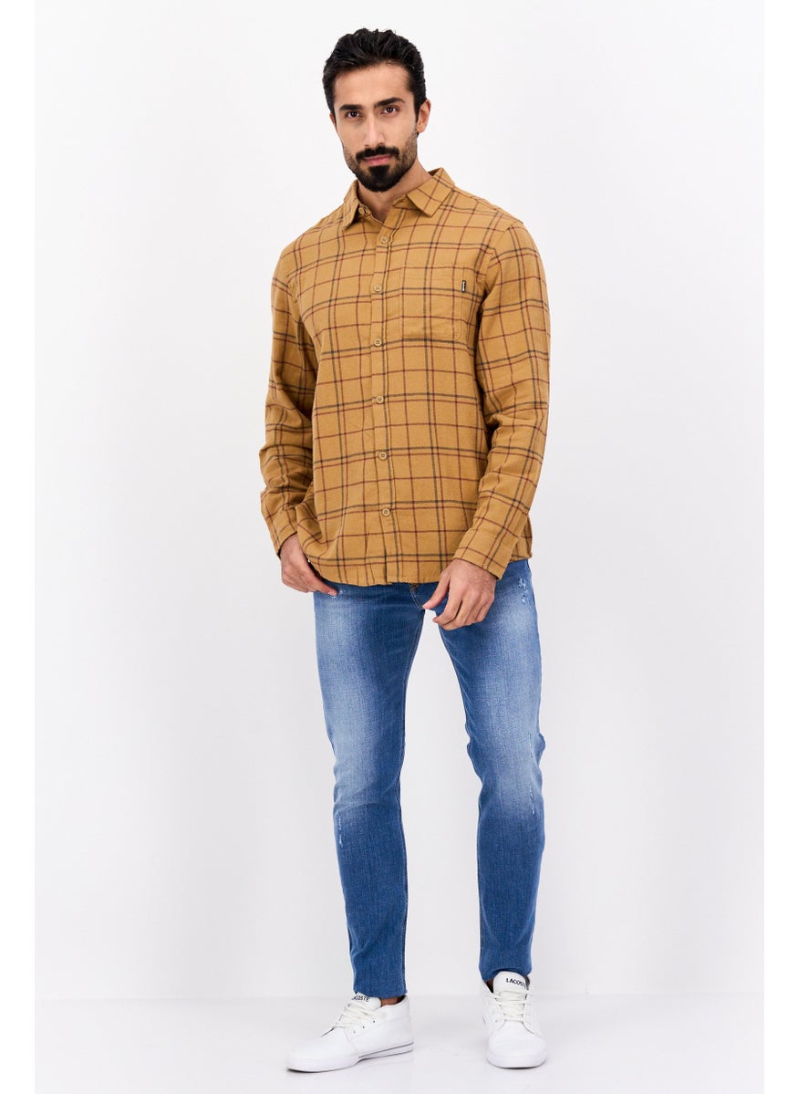 Men Regular Fit Long Sleeves Plaid Casual Shirt, Dark Tan
