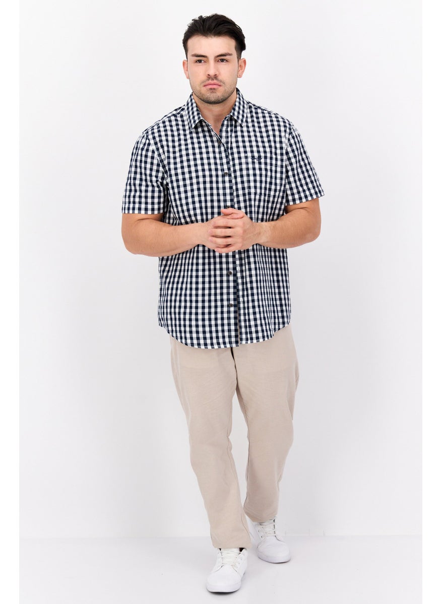 Men Regular Fit Check Short Sleeve Casual Shirt, Navy