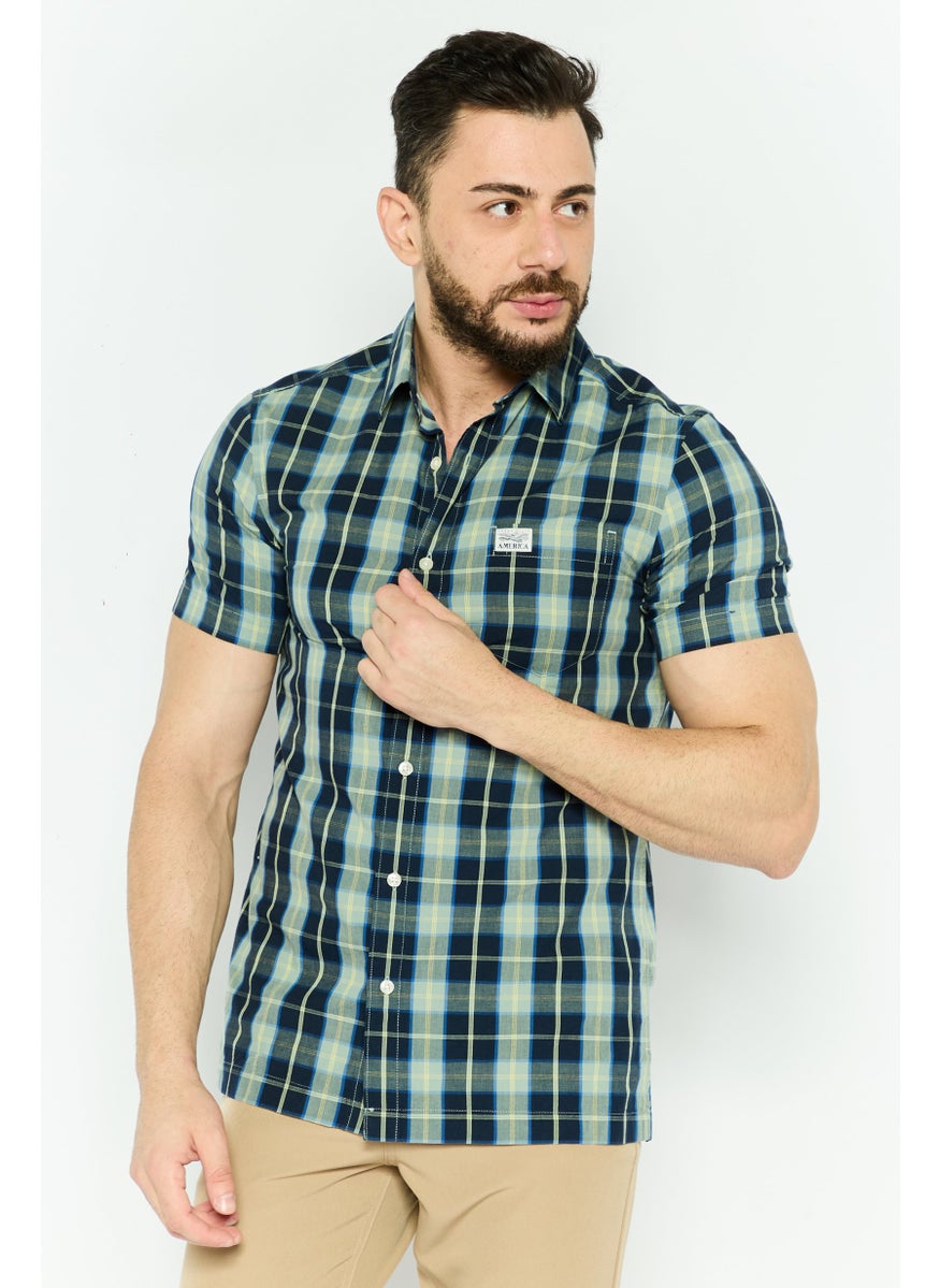 Men Regular Fit Plaid Short Sleeve Casual  Shirt, Green Combo