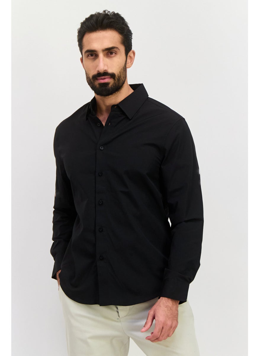 Men Regular Fit Solid Long Sleeve Dress Shirt, Black