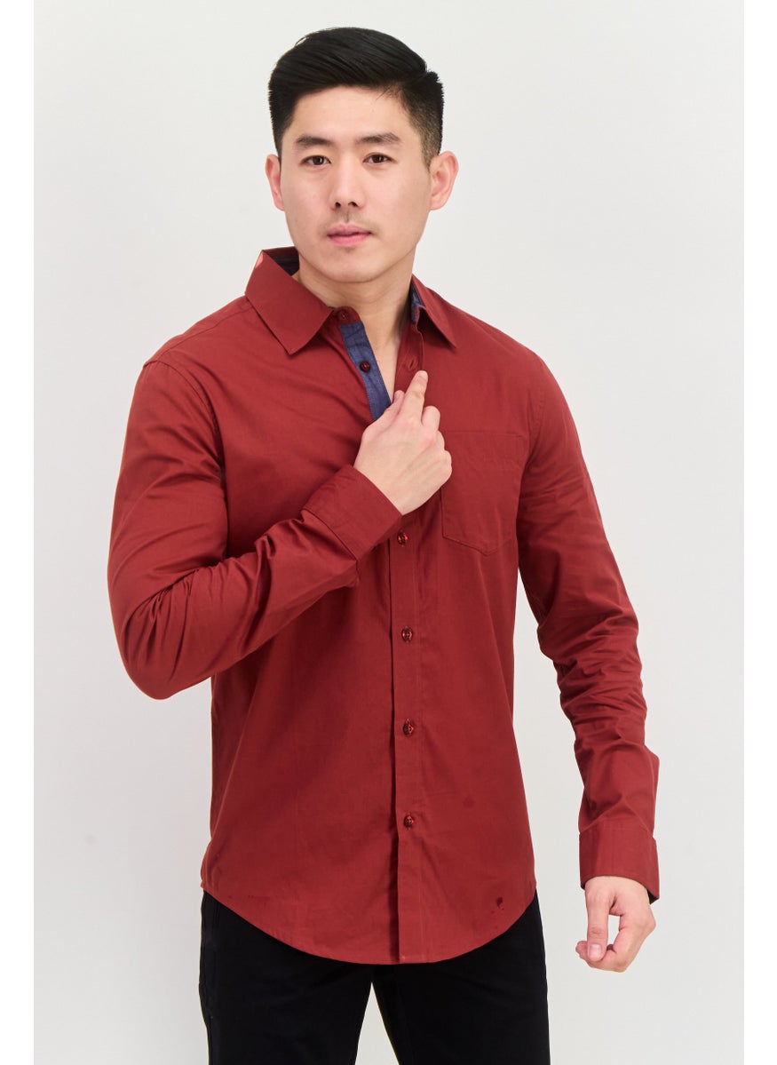 Men Regular Fit Plain Long Sleeve Casual Shirts, Madder Brown