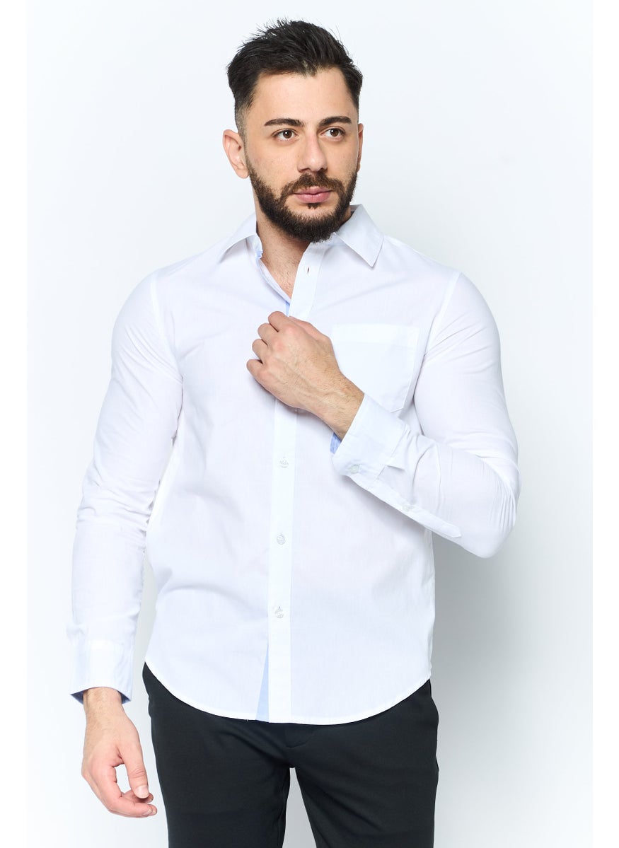 Men Regular Fit Chest Pocket Long Sleeve Casual Shirts, White