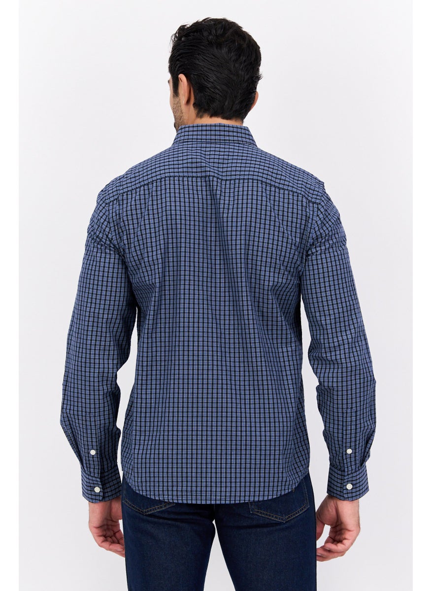 Men Regular Fit Checkered Long Sleeve Casual Shirt, Navy