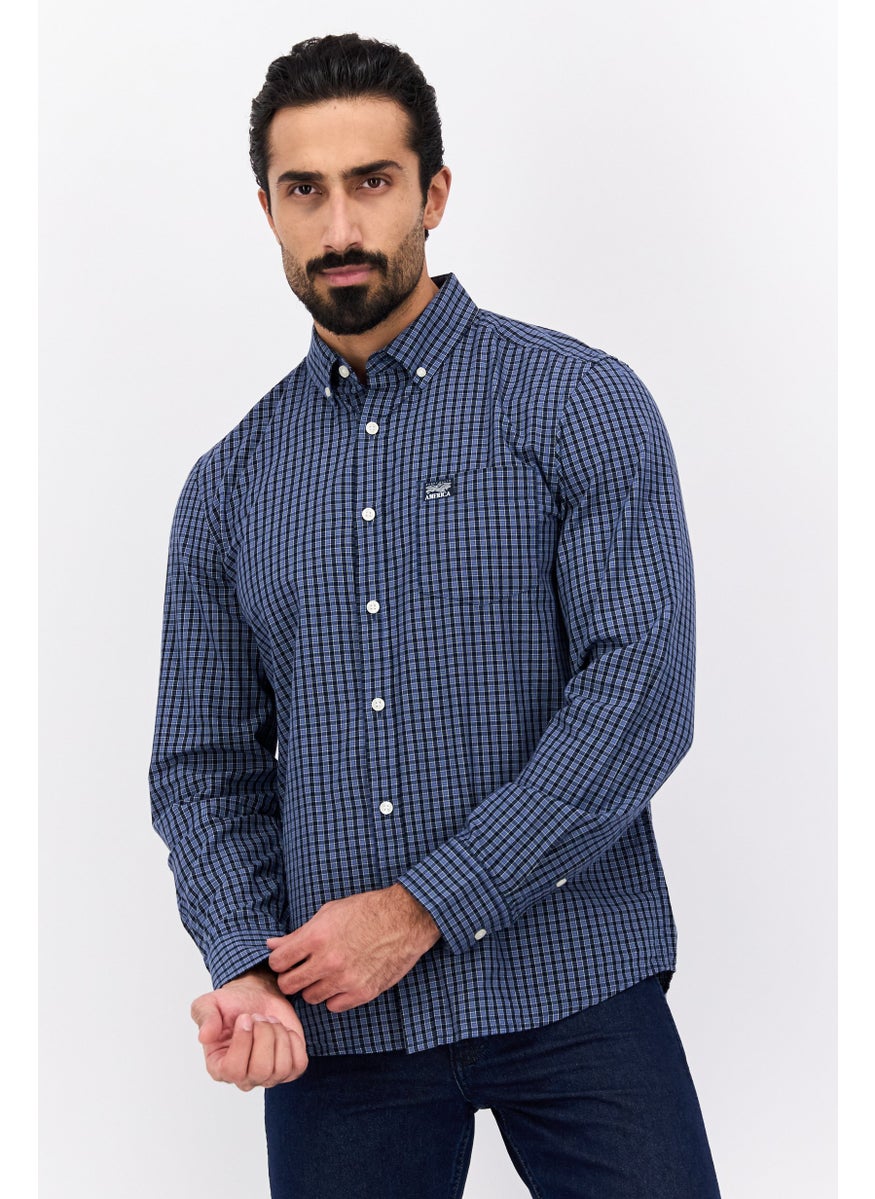 Men Regular Fit Checkered Long Sleeve Casual Shirt, Navy