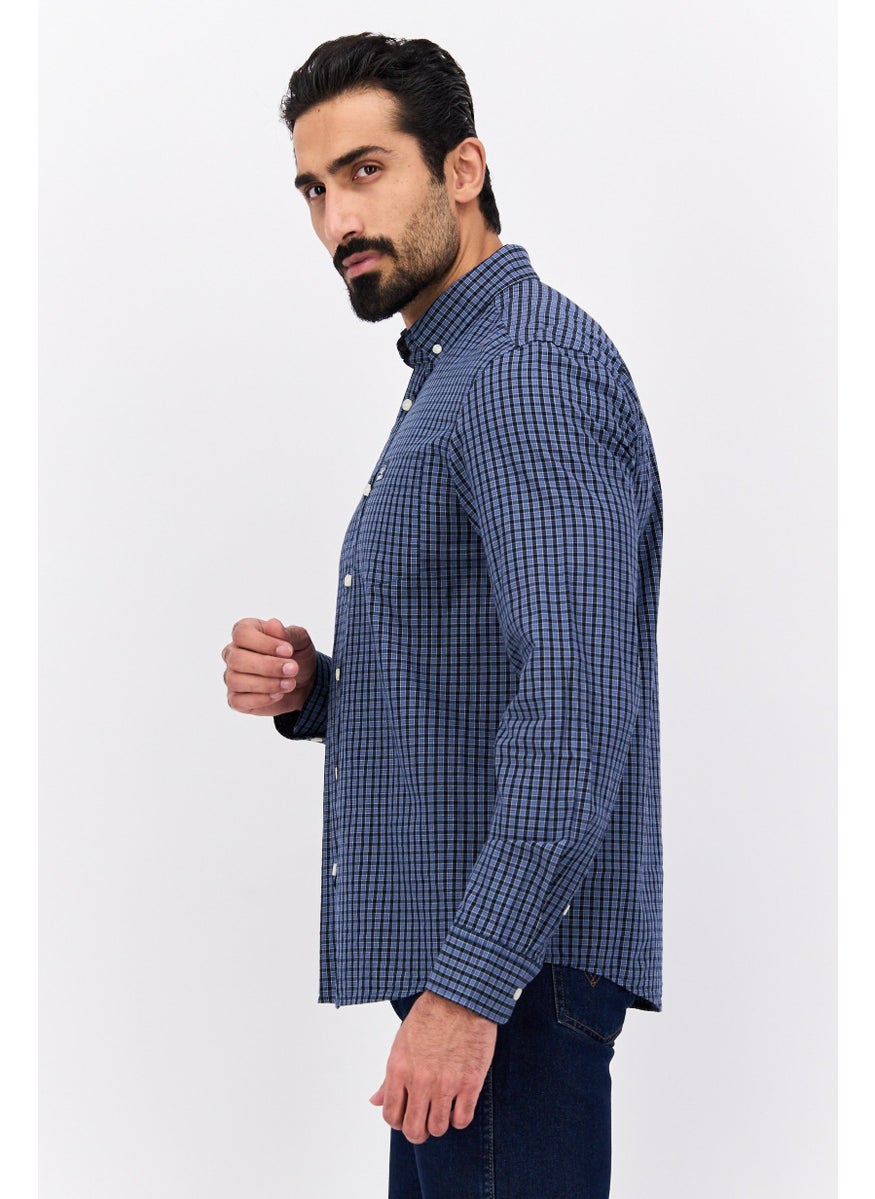 Men Regular Fit Checkered Long Sleeve Casual Shirt, Navy