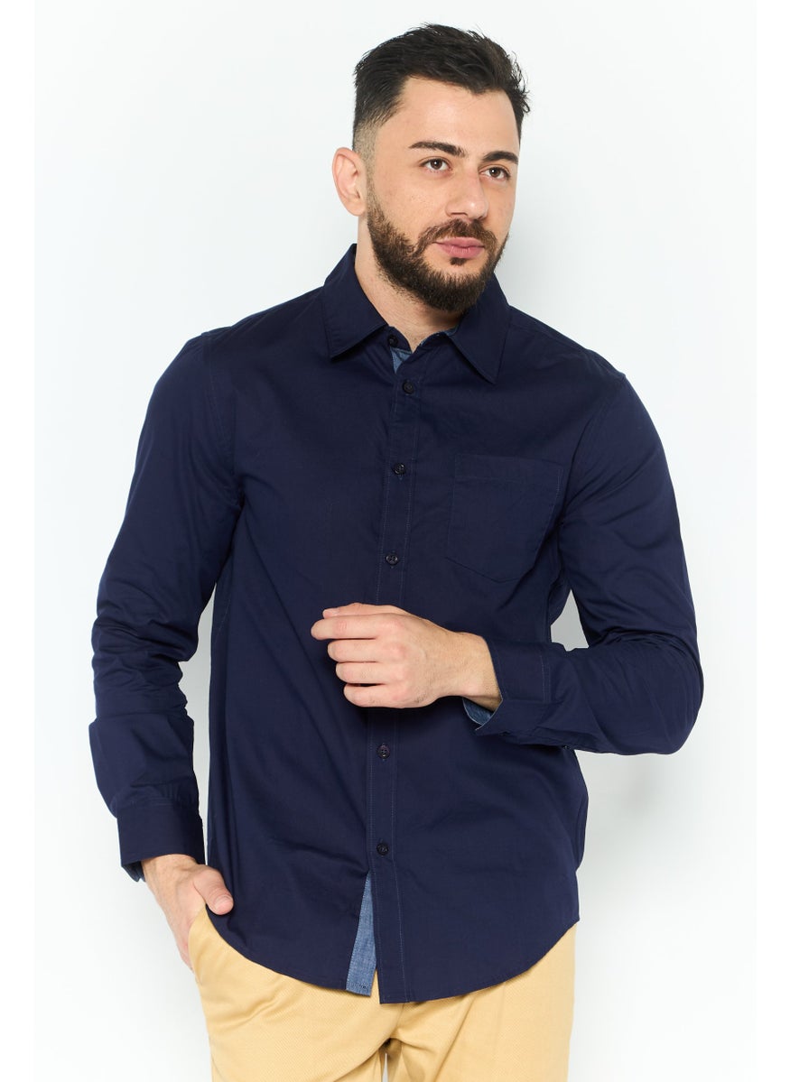 Men Regular Fit Chest Pocket Long Sleeve Casual Shirt, Navy