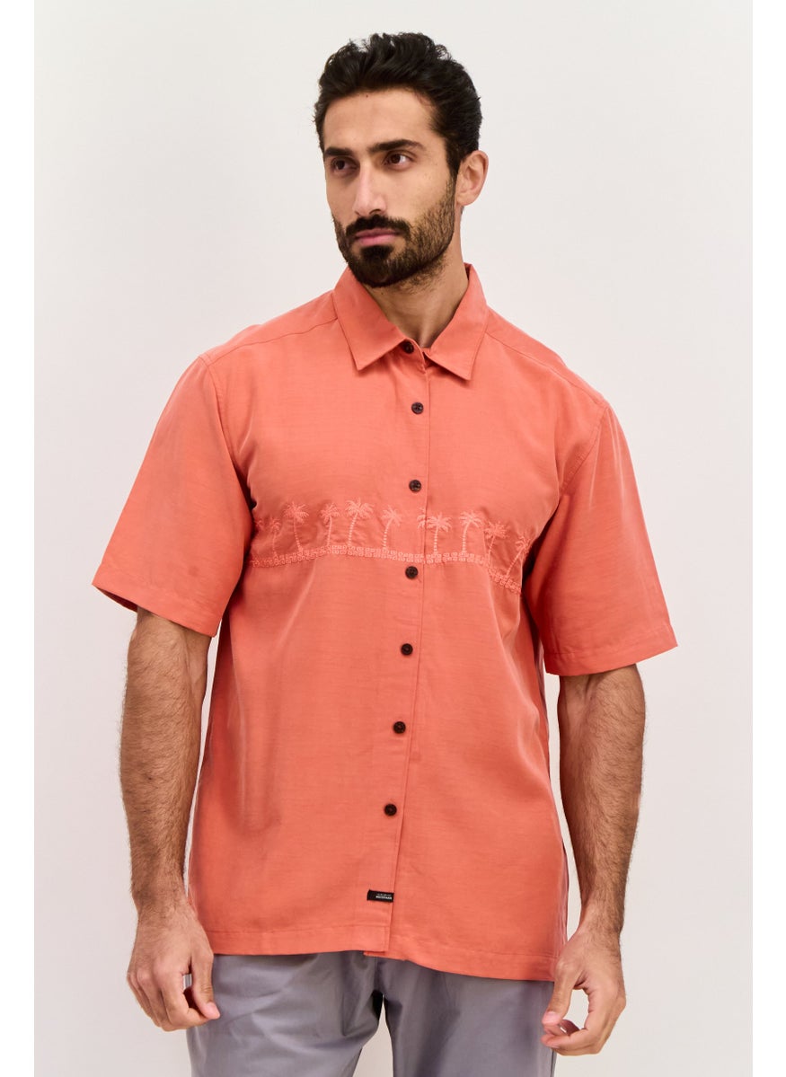 Men Comfort Fit Embroidered Short Sleeves Casual Shirt, Rust