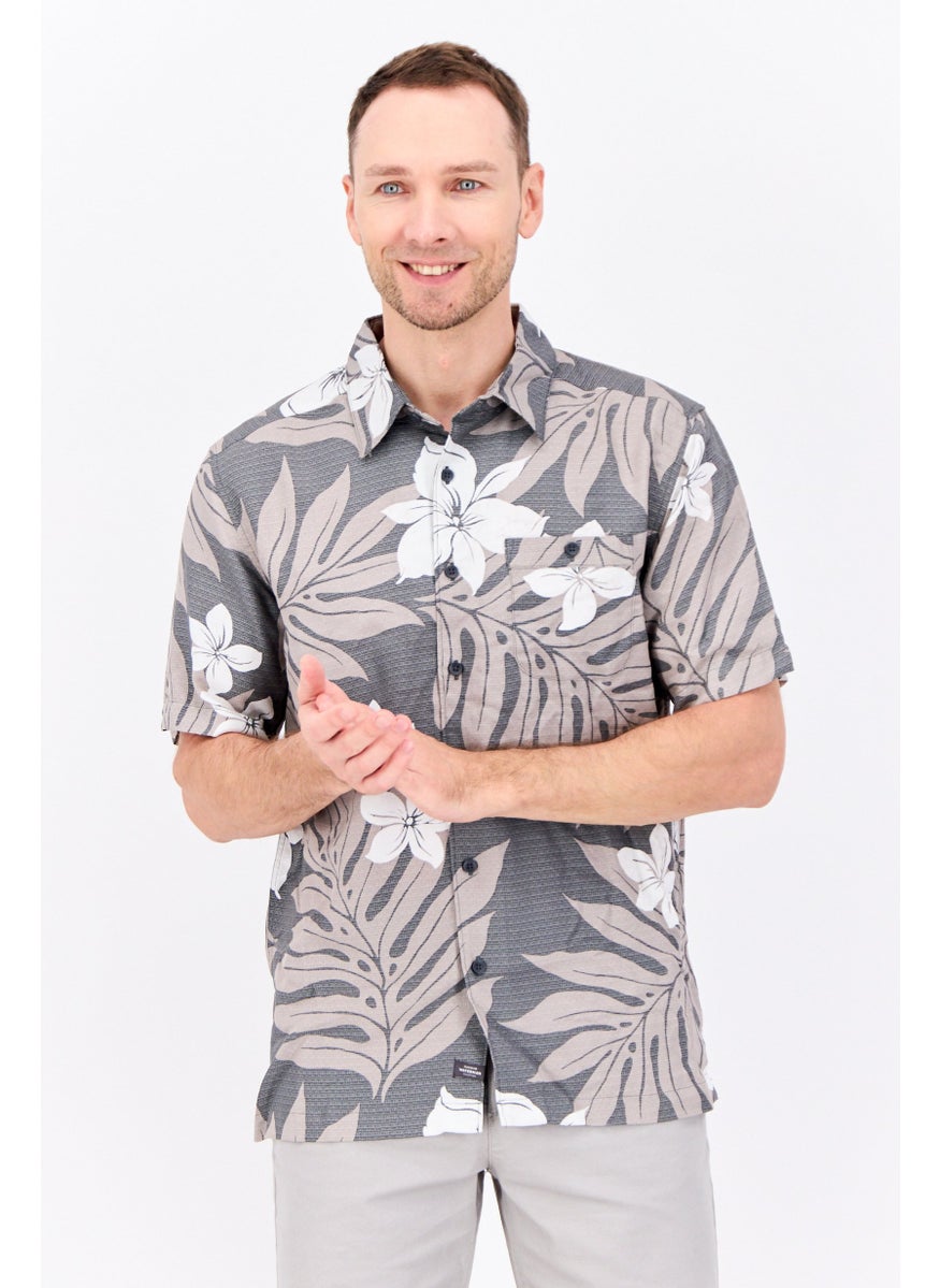 Men Regular Fit Floral Print Short Sleeve Waterman Casual Shirt, Dark Slate