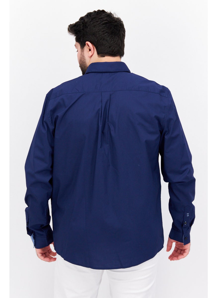 Men Regular Fit Plain Long Sleeves Casual Shirt, Navy Blue