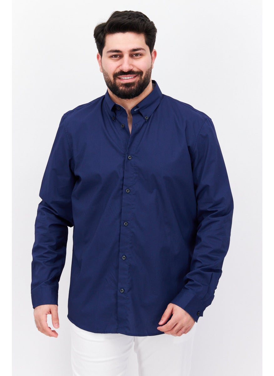 Men Regular Fit Plain Long Sleeves Casual Shirt, Navy Blue