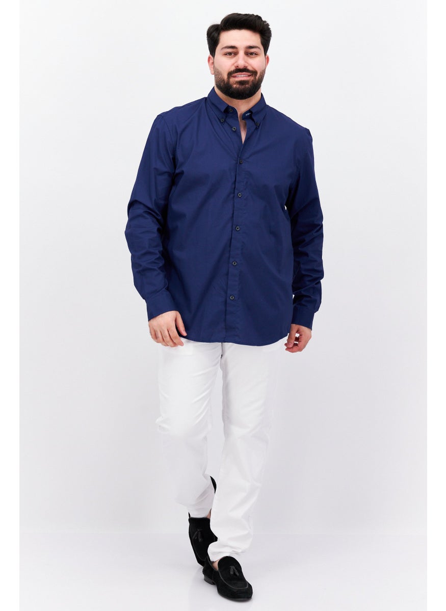 Men Regular Fit Plain Long Sleeves Casual Shirt, Navy Blue