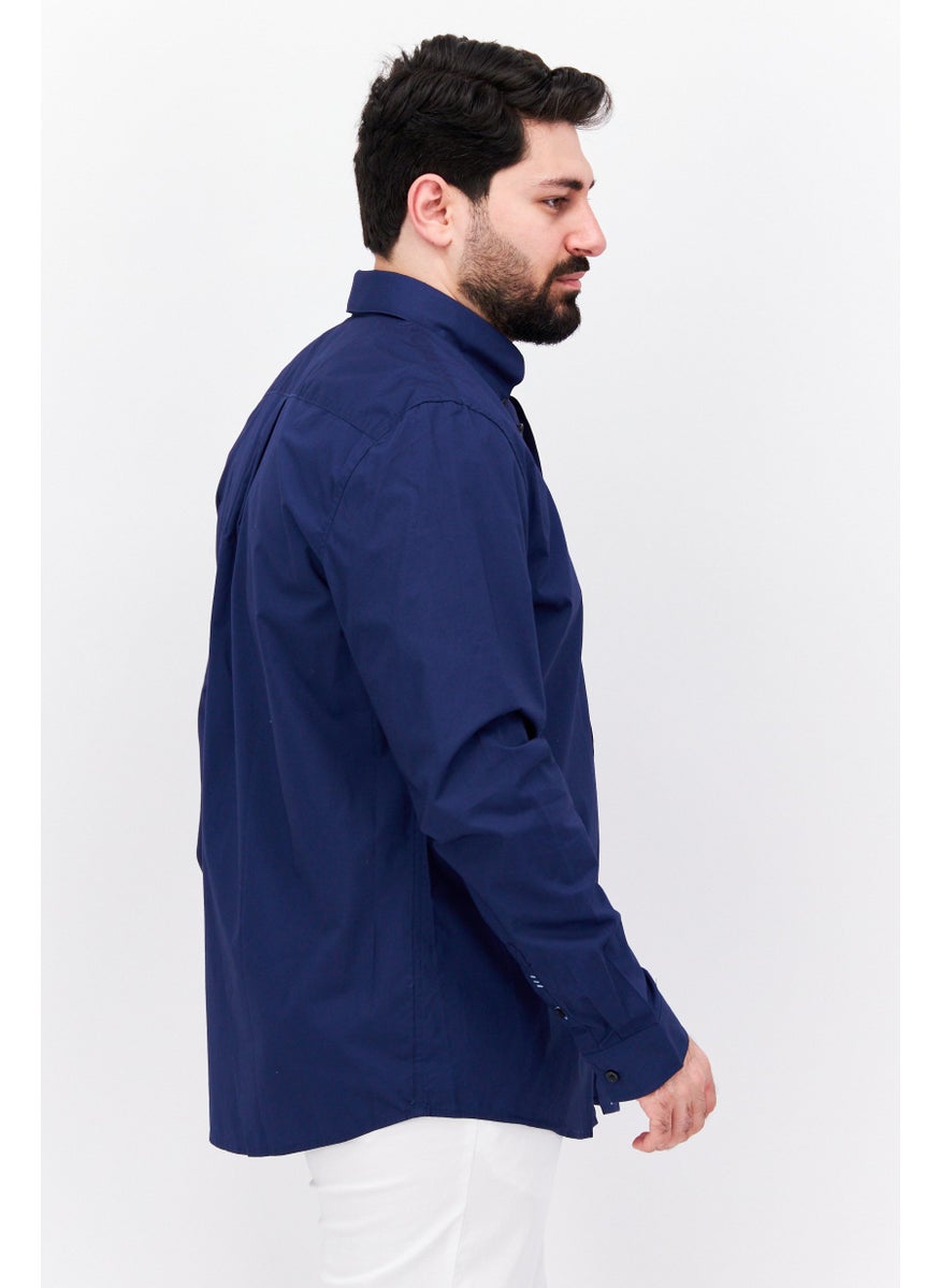 Men Regular Fit Plain Long Sleeves Casual Shirt, Navy Blue