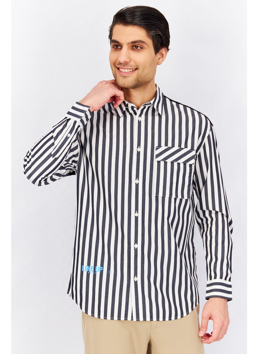 Men Loose Fit Stripe Casual Shirt, Black