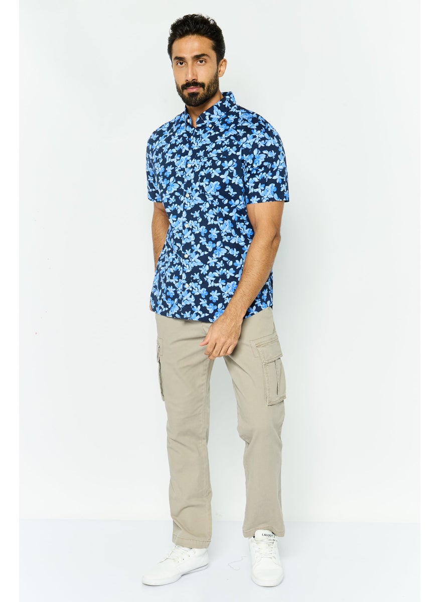 Men Standard Fit Floral Print Short Sleeves Casual Shirt, Navy Combo