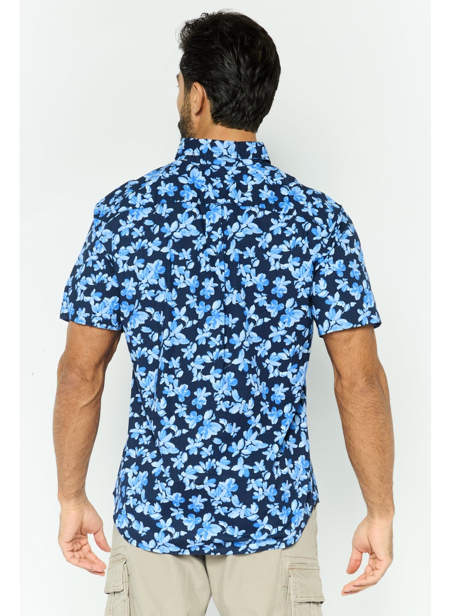 Men Standard Fit Floral Print Short Sleeves Casual Shirt, Navy Combo