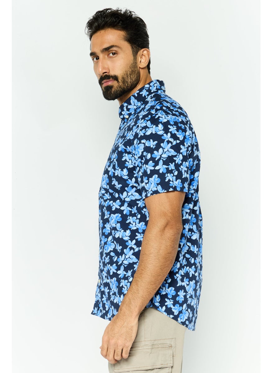 Men Standard Fit Floral Print Short Sleeves Casual Shirt, Navy Combo